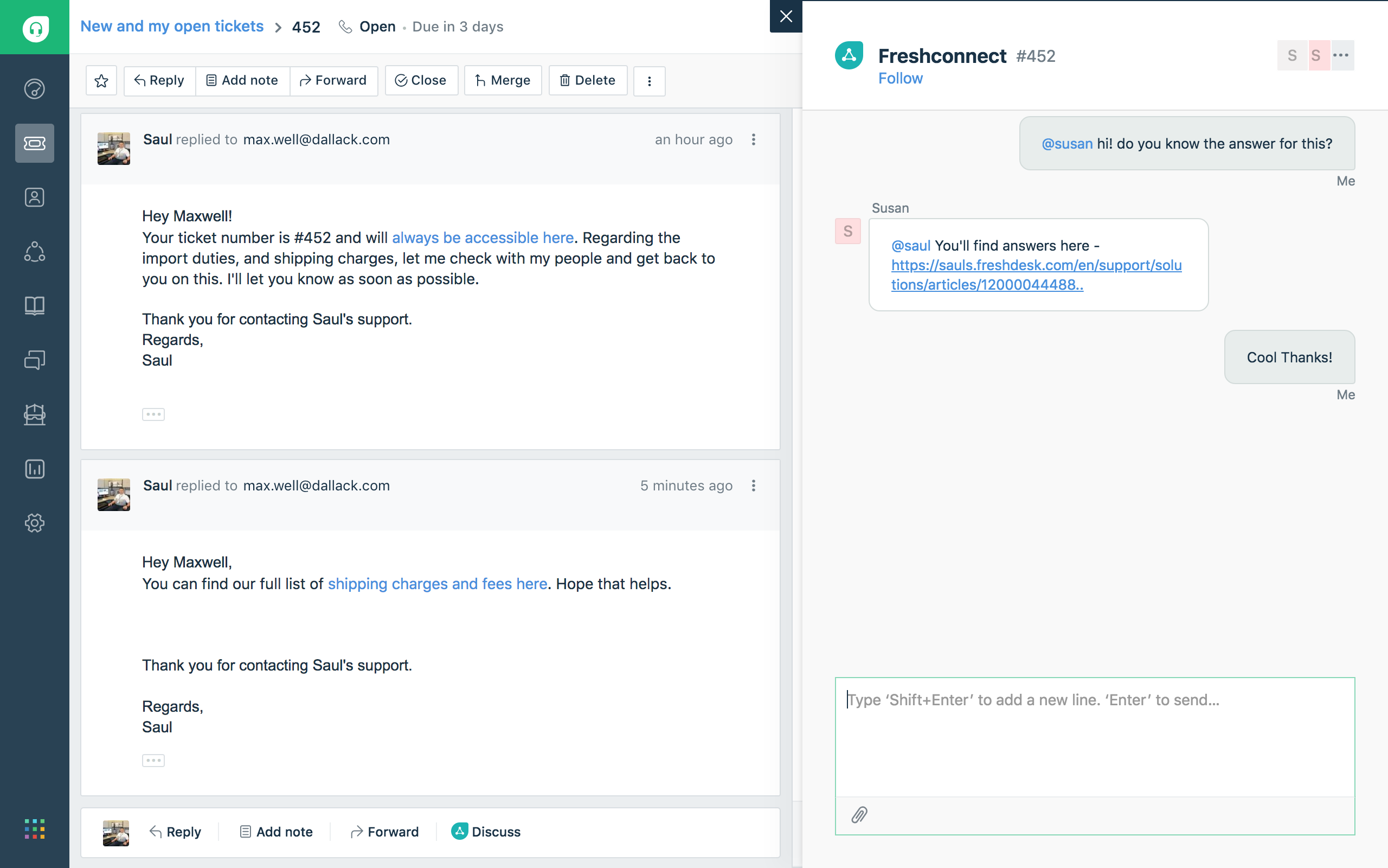 Chat within a ticket with Team Huddle