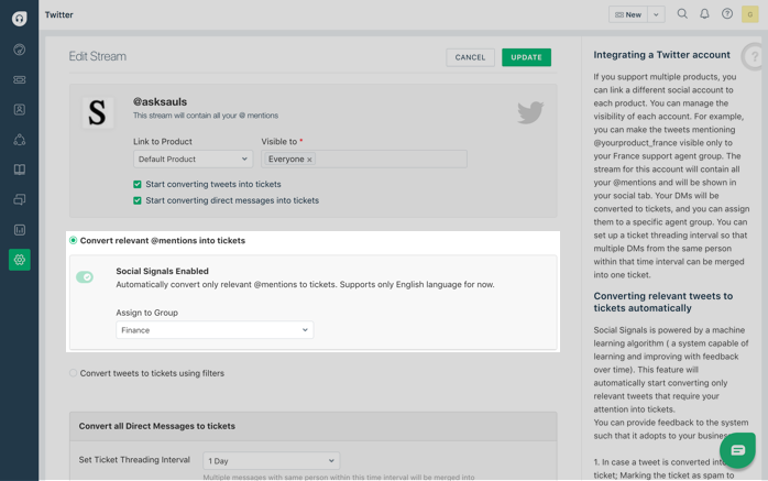 Social Signals is a Freshdesk A.I. that cuts out the noise and helps agents prioritize the important tweets that your business receives